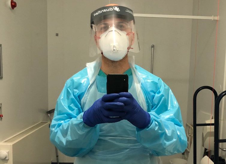 A picture of Hassan Akkad in his protective equipment while working at Whipps Cross Hospital in the UK, April 2020 | Photo: @hassan_akkad