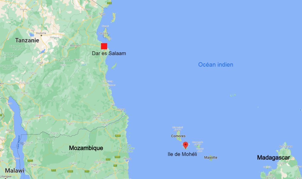 Dar es Salaam se situe à environ 800km des Comores. Crédit : Google maps