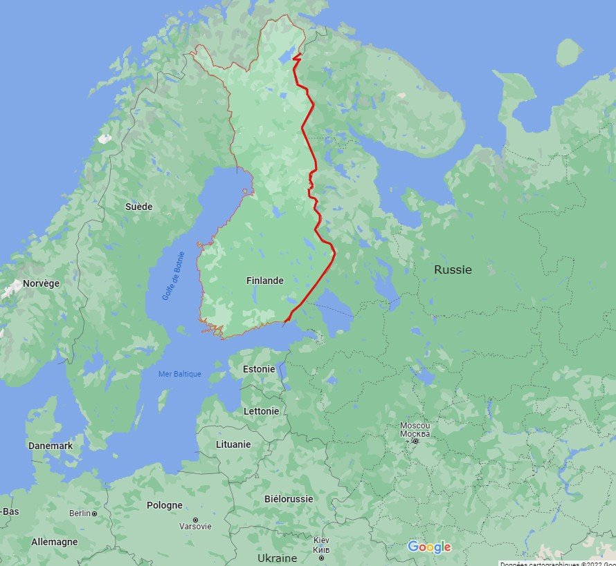 La frontière finno-russe est longue de 1 300 km. C'est une zone peu peuplée, essentiellement boisée. Crédit : Google maps