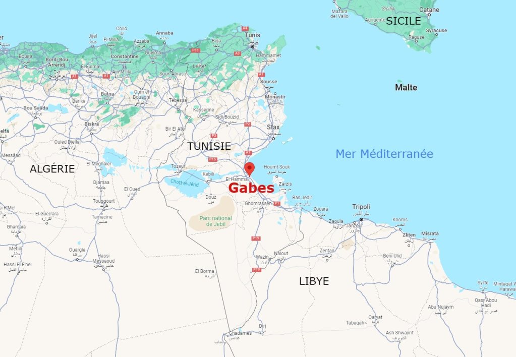 Gabès se situe sur la côte tunisienne, dans le sud-est de la Tunisie. Crédit : Google Maps