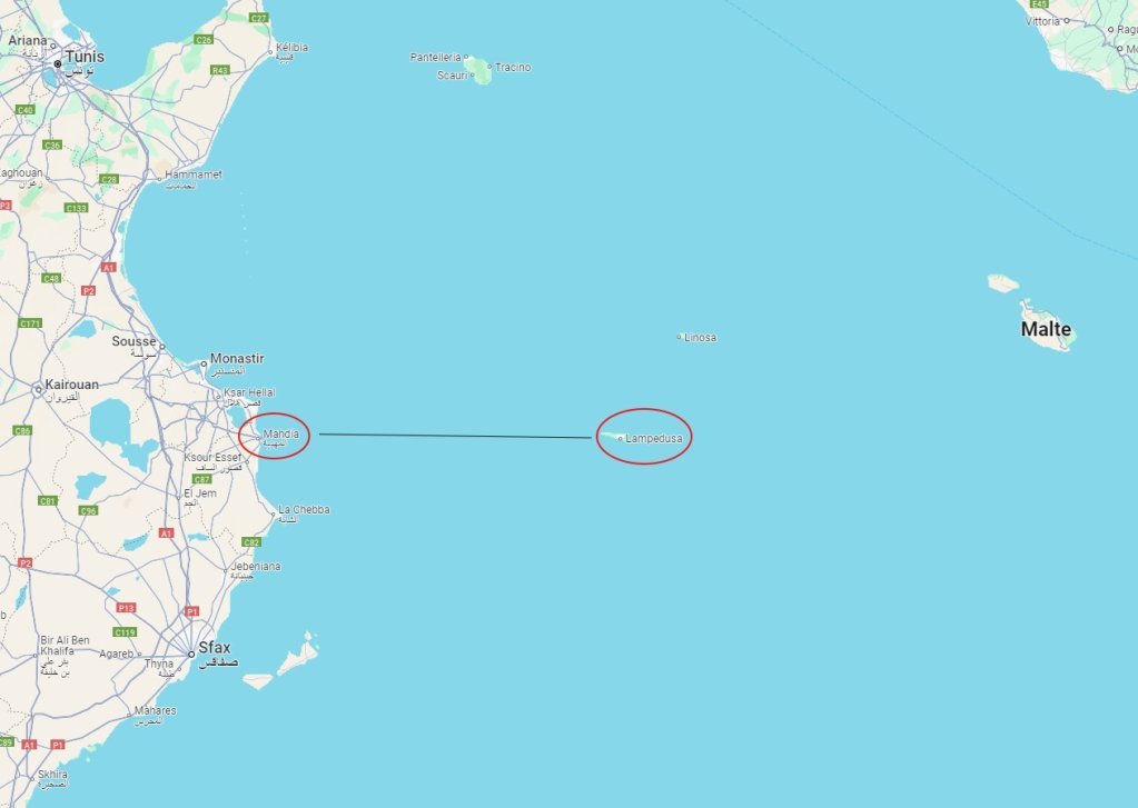 A map showing the relative proximity of Lampedusa to the part of the Tunisian coast where the latest bodies were found | Source: Google maps