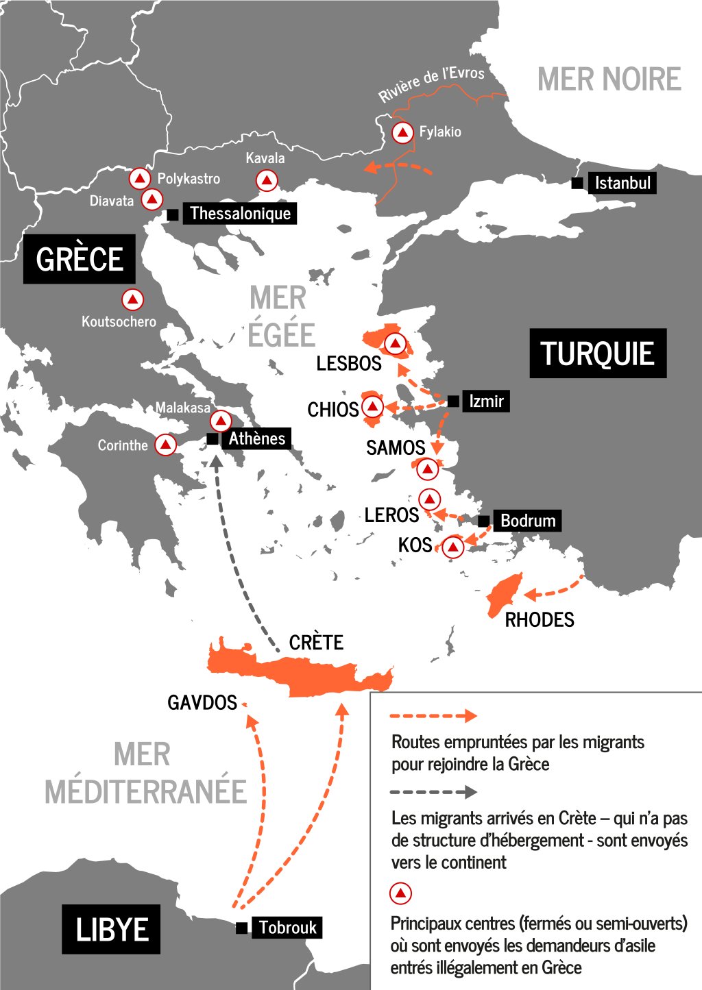 De plus en plus de migrants tentent de rejoindre l'île de Crète par la route de Tobrouk qui part de l'est de la Libye. Crédit : Studio graphique FMM