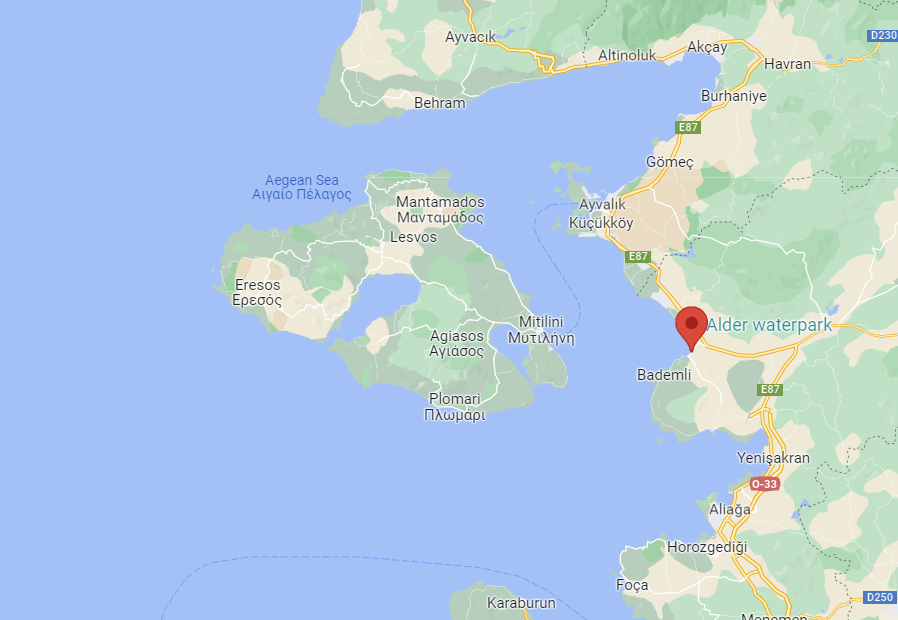 Map showing the Greek island of Lesbos as well as the coastal town of Dikili (red marker) and the district of Ayvacik on the Turkish mainland | Source: Google Maps