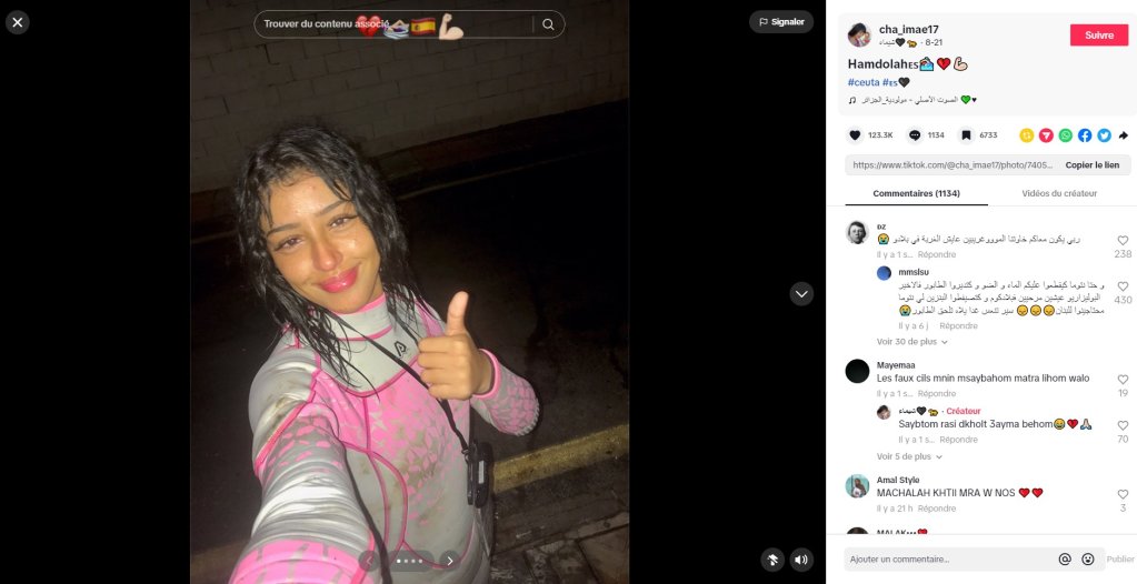 Chaimae El Grini, une Marocaine de 19 ans, filme son exil à la nage vers Ceuta. Crédit : capture d'écran TikTok