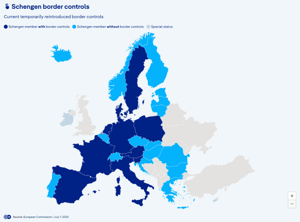 Current temporarily introduced border controls | Source DW / European Commission July 7, 2025