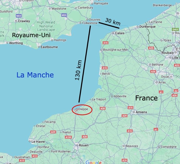 تقع دييب على بعد أكثر من 130 كلم إلى الجنوب من الساحل البريطاني الأقرب إلى الشمال الفرنسي، في حين تبعد كاليه الفرنسية عنه نحو 30 كلم.