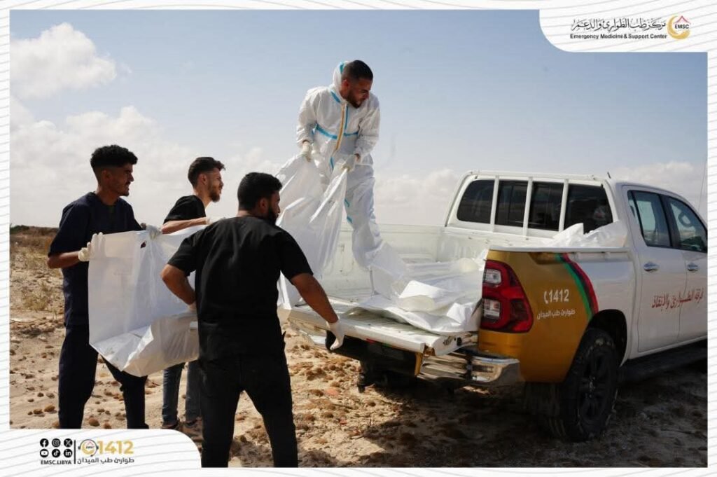 Workers with the EMSC, which is under the auspices of the Libyan health ministry, load the recovered bodies on to a truck | Source: Source: EMSC www.emsc.gov.ly