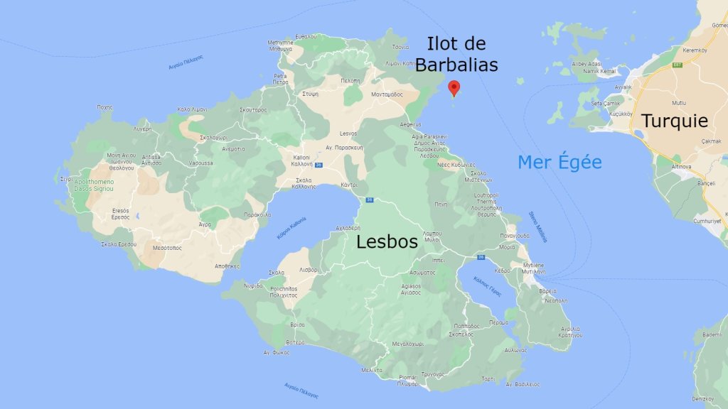 L'îlot inhabité de Barbalias est situé tout près de Lesbos. Crédit : Google maps