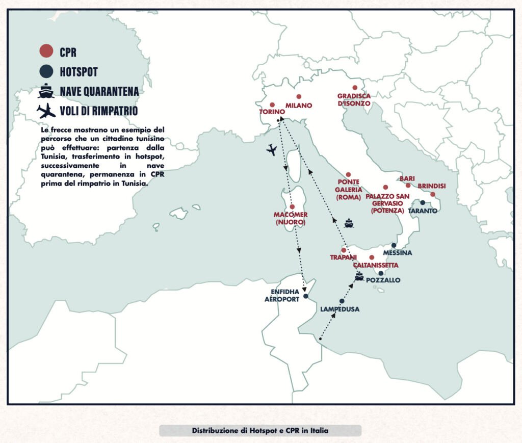 A map published by the In Limine project ASGI in March 2022 shows the repatriation route for many Tunisian migrants arriving in Italy. Text in Red show Italy's CPRs, from where migrants can be deported | Source: ASGI