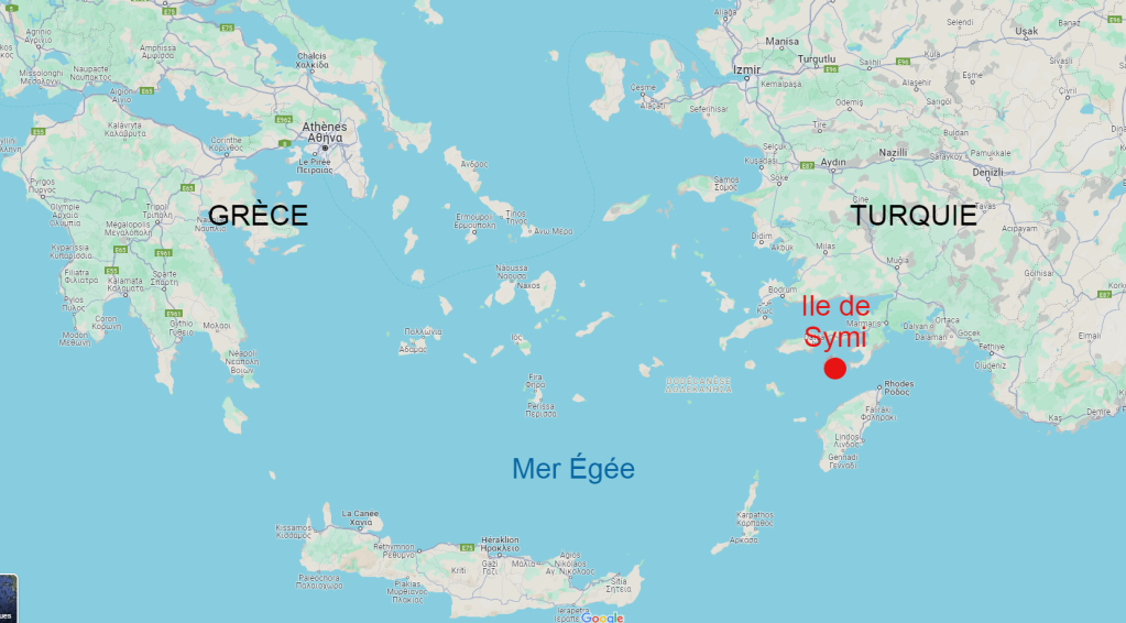 L'île grecque de Symi est située au large des côtes turques. Crédit : Google Maps