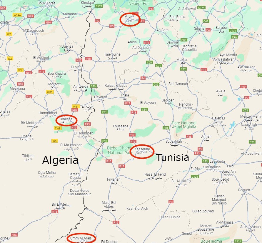 The expulsions towards Algeria took place towards El Kef, Kasserine, Tebessa and the village of Umm al Arais. | Photo: Google Maps