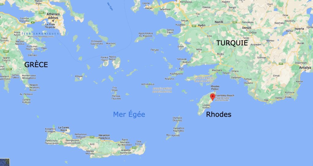 L'île grecque de Rhodes est proche des côtes turques. Crédit : Google maps