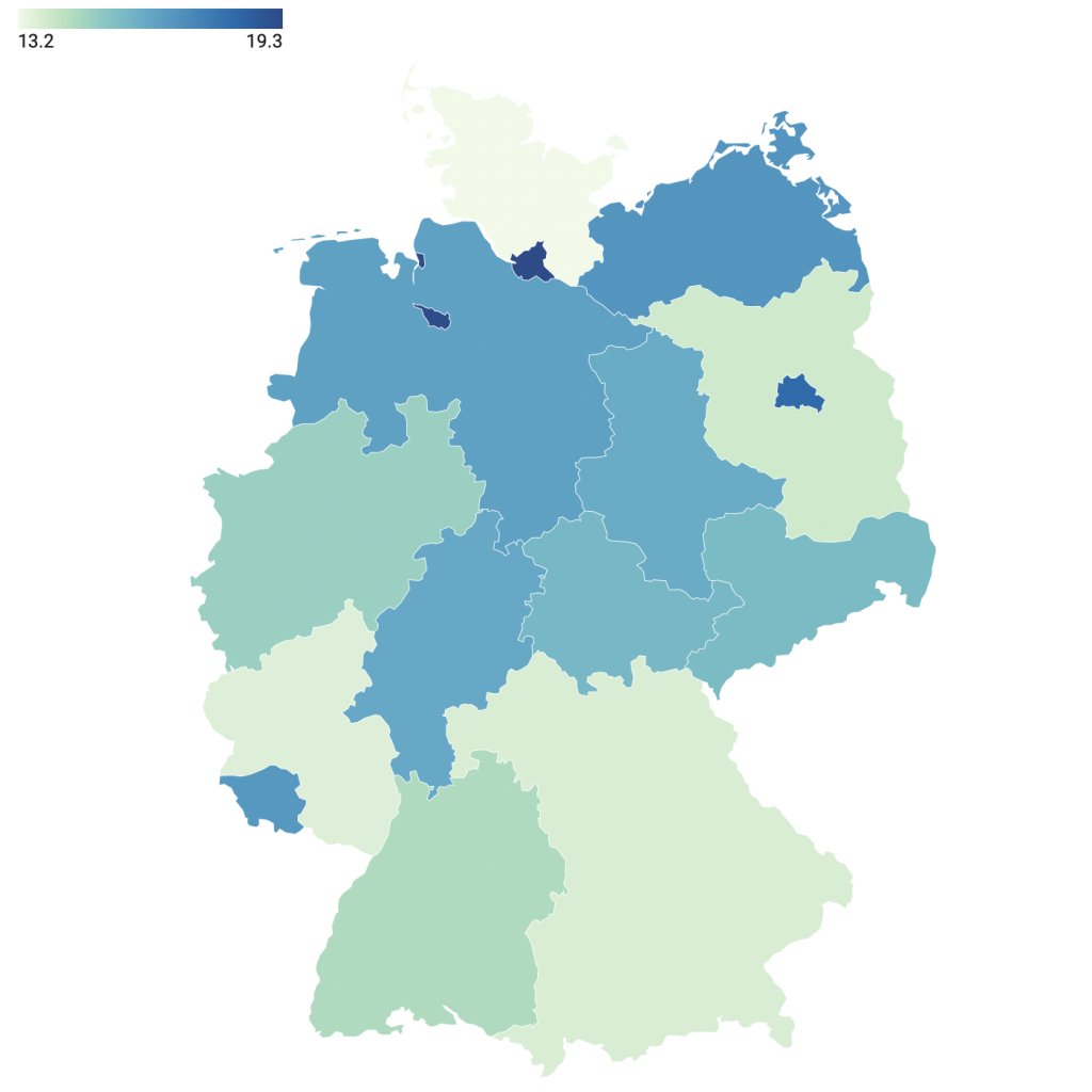 This map of Germany shows the rate of new asylum seekers in each federal state in 2022 per 1,000 residents | Source: Mediendienst Integration