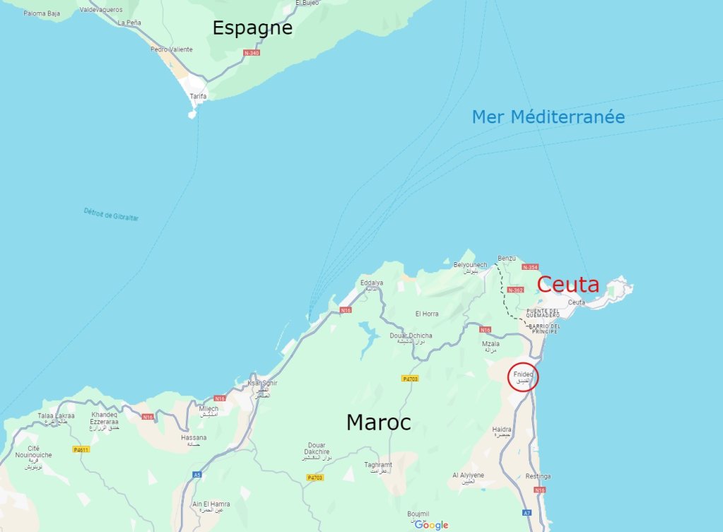 Fnideq, au Maroc, se trouve à quelques kilomètres seulement de l'enclave espagnole de Ceuta. Crédit : Google maps