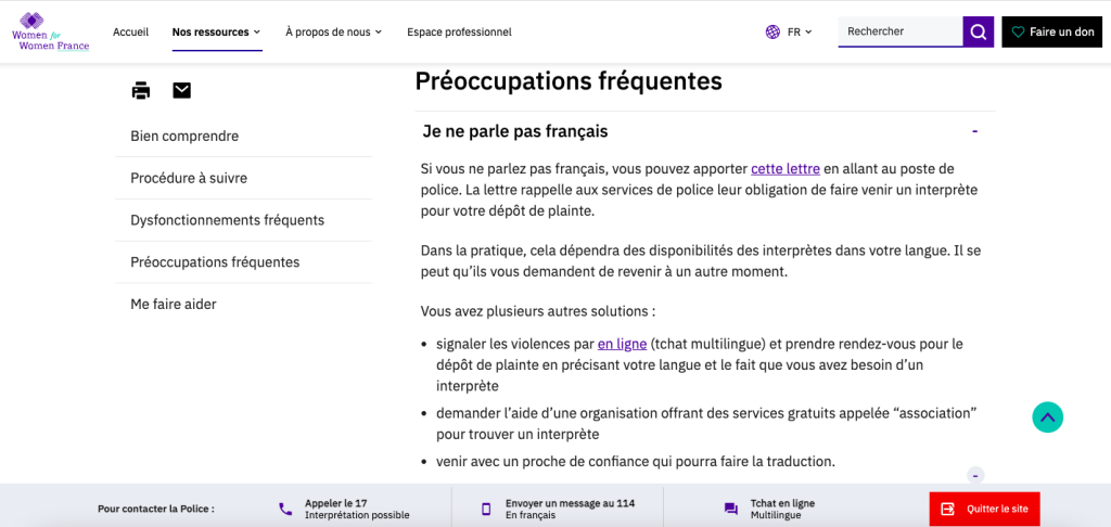 Le site Women for women détaille les solutions adaptées à chaque situation grâce à des experts qui valident les informations publiées. Crédit : capture d'écran https://www.womenforwomenfrance.org/