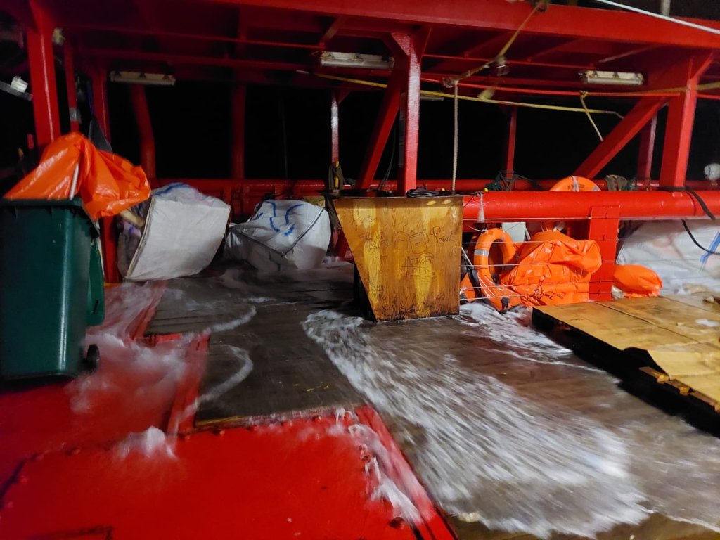 A picture of the soaked deck on board Ocean Viking | Source: @SOSMedIntl Twitter feed