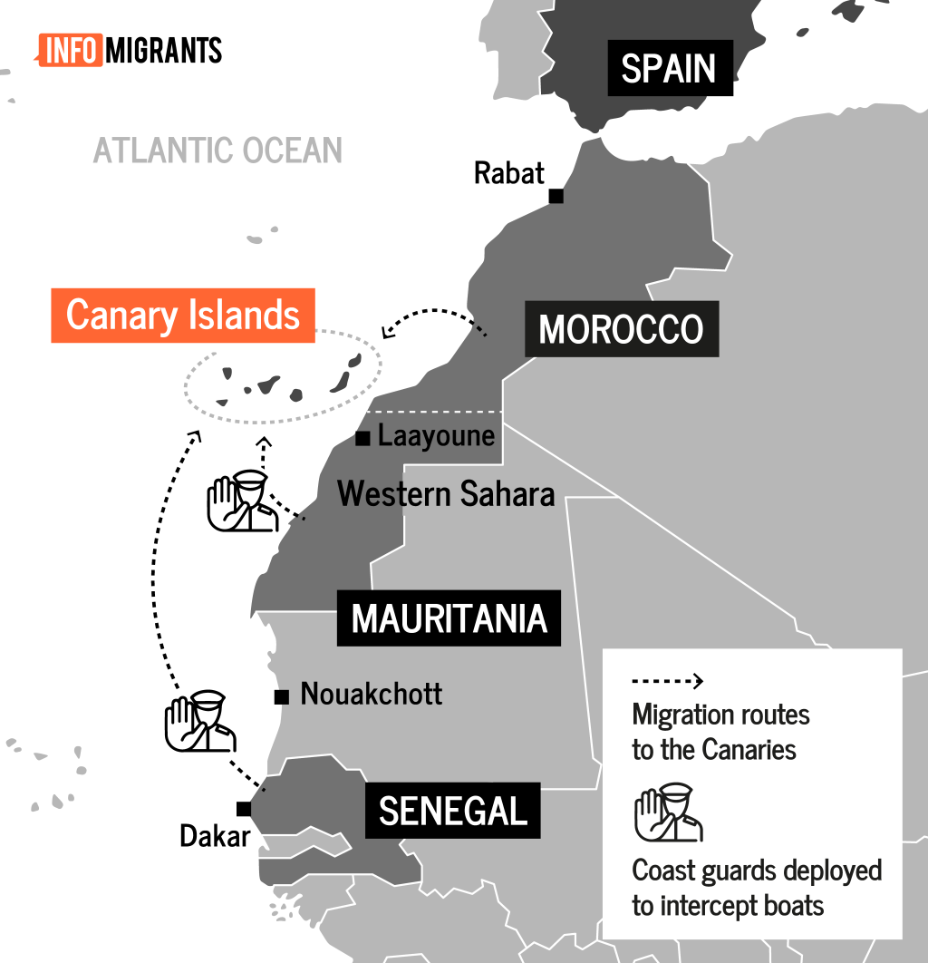 Dall'Africa occidentale, i migranti cercano di raggiungere le isole Canarie in Spagna, viaggiando per oltre 1.000 chilometri su imbarcazioni che difficilmente riescono a resistere alle condizioni del mare | Credito: InfoMigrants