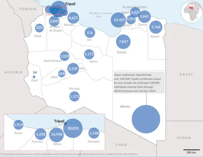 A map dated February 9, 2025 posted in an IOM report shows the estimates and positions of the main groups of Sudanese in Libya | Source: IOM / UNHCR