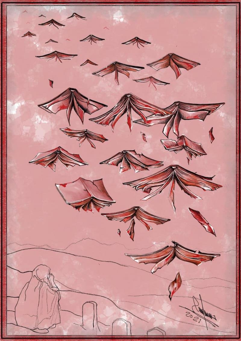 Schoolgirls' books flying over their graves – drawing by Hossien Rezaye 2021 | Copyright: Hossien Rezaye 
