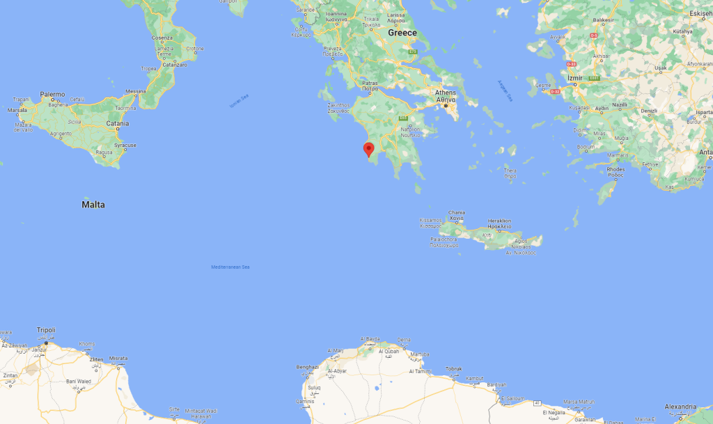 Northern Libya, including the port city of Tobruk, and the town of Pylos (red marker) on the southern Greek Peloponnese peninsula | Source: Google Maps