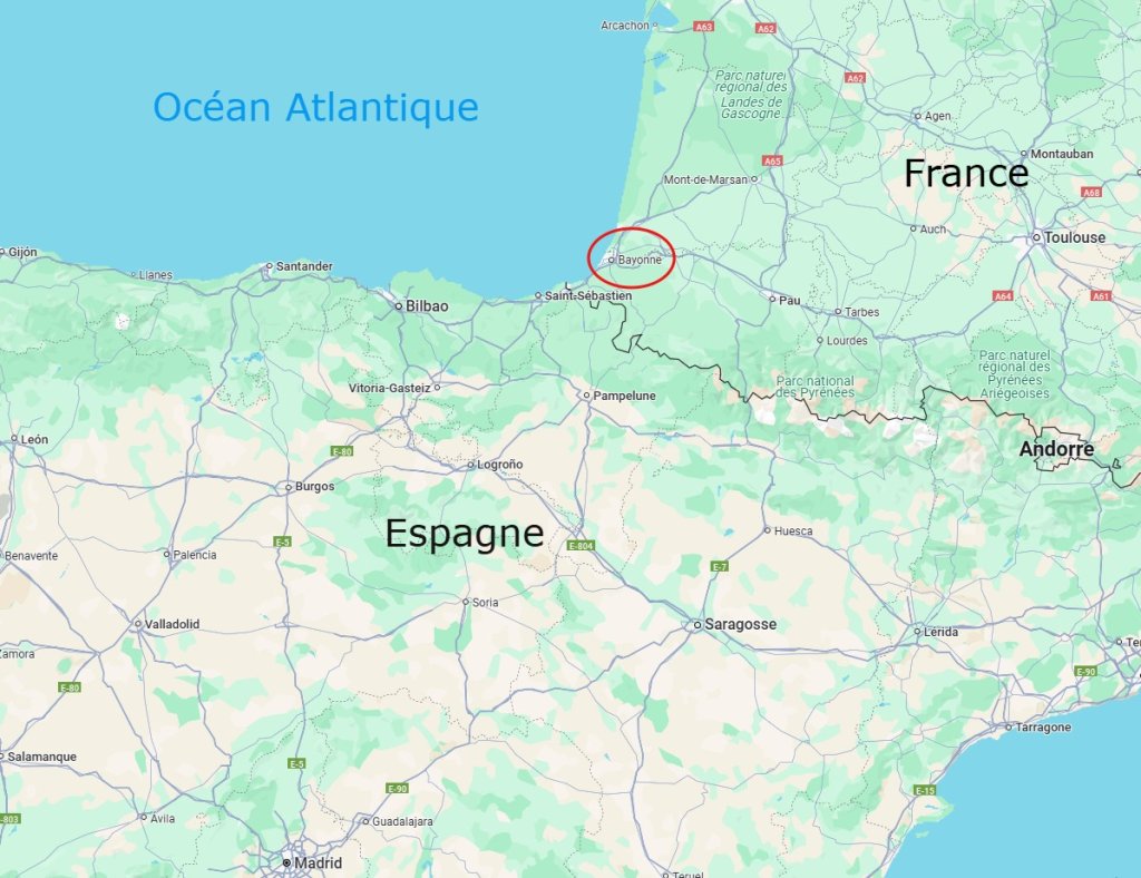 Bayonne, dans le Pays basque, non loin de la frontière espagnole. Crédit : Google maps