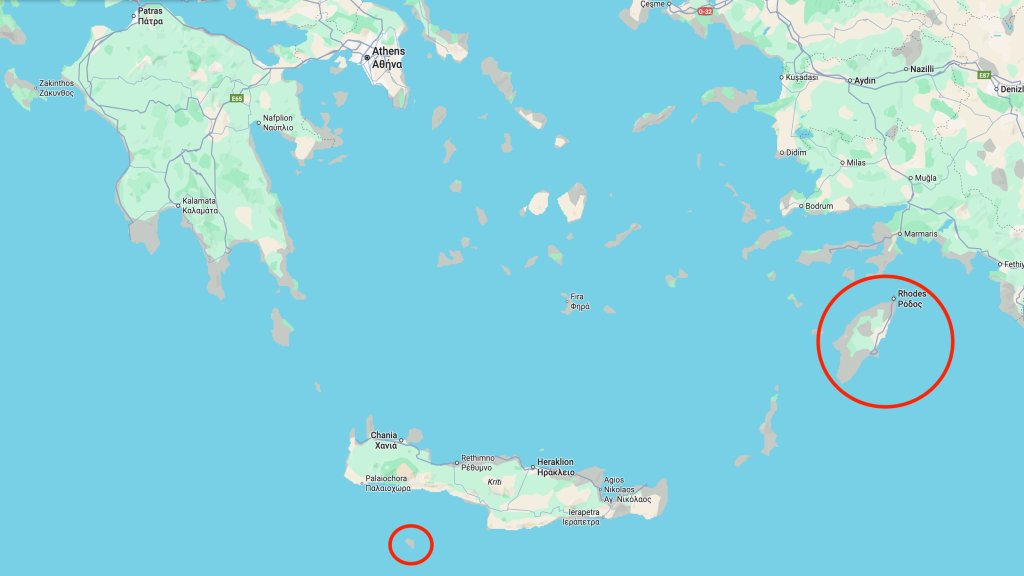 The Greek Islands of Gavdos (l.) and Rhodes (r.) are among the furthest two points away from the Greek mainland, including the capital Athens | Source: Google Maps