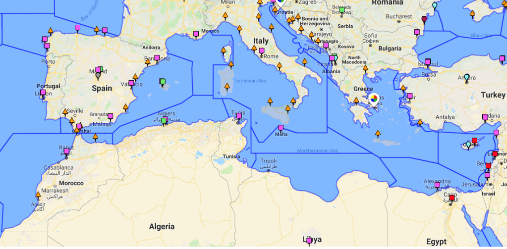 خريطة توضح مناطق البحث والإنقاذ في البحر الأبيض المتوسط. 