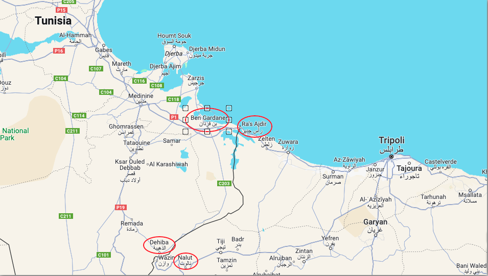 Tunisian authorities use two different routes to transfer migrants to Libya: from Dehiba to Nalut and from Ben Gardane to Ra's Ajdir. | Photo: Google maps