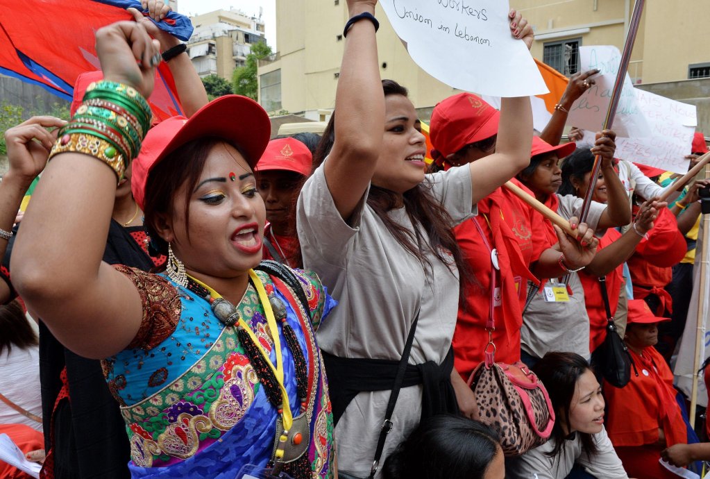 From file: Migrant domestic workers of various nationalities during a demonstration in Beirut, Lebanon. The kafala system which governs employer-employee relations in the Gulf has been widely criticized for enabling oppressive working conditions, especially for migrant domestic workers | Photo: WAEL HAMZEH/ANSA ARCHIVE/EPA/