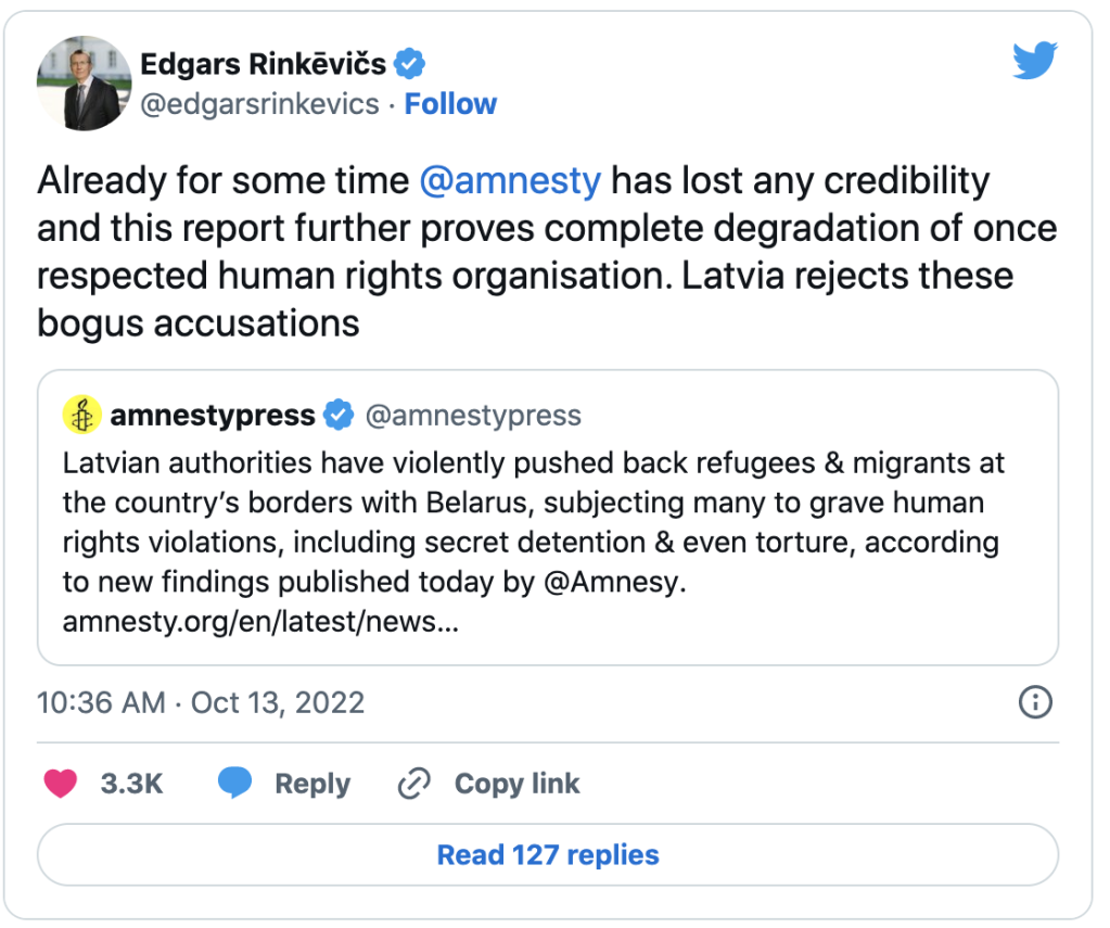Latvia's Minister of Foreign Affairs dismissed an Amnesty International looking into abuse along the Latvian border. Source: Twitter