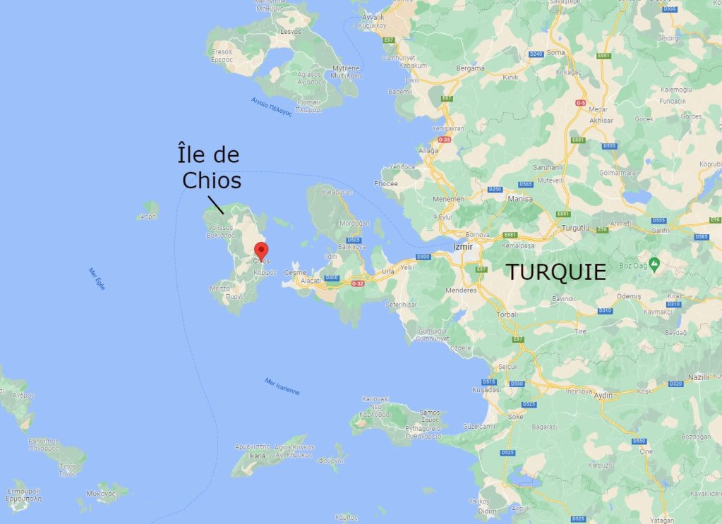 L'île grecque de Chios se trouve à quelques kilomètres de la Turquie. Crédit : Google maps