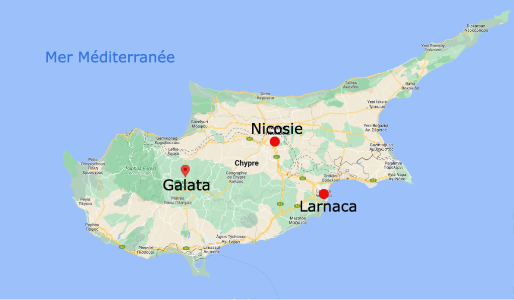 Rama a d'abord vécu dans le village de Galata, a cherché du travail à Nicosie puis a dû déménager à Larnaca. Crédit : Google maps