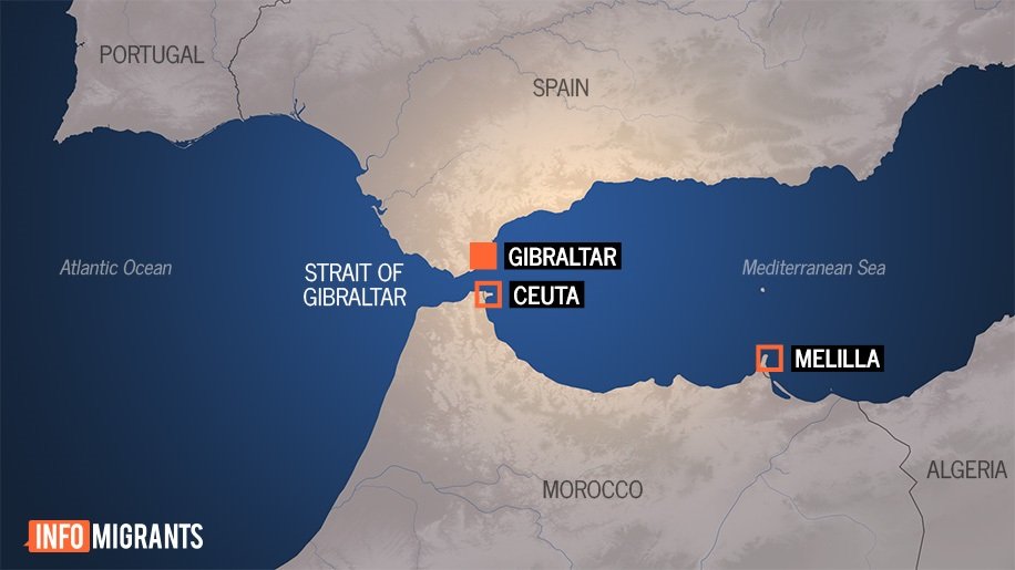 The Spanish enclaves of Ceuta and Melilla, separated from the Spanish mainland by the Strait of Gibraltar and the Mediterranean Sea | Credit: InfoMigrants