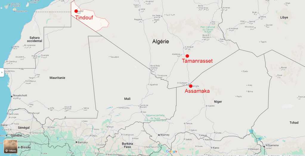 Tindouf, en Algérie, se situe à près de 1 500 km de Tamanrasset. Crédit : Google Maps