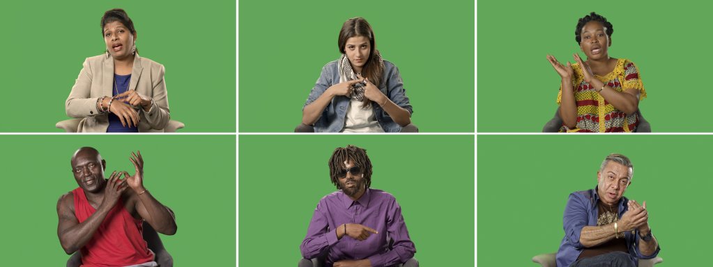 Candice Breitz Stills from Love Story, 2016 Top: Shabeena Francis Saveri, Sarah Ezzat Mardini, Mamy Maloba Langa / Bottom: José Maria João, Farah Abdi Mohamed, Luis Ernesto Nava Molero | Photo: Courtesy of Tate Liverpool / 7-Channel Installation: 7 Hard DrivesCommissioned by the National Gallery of Victoria (Melbourne), Outset Germany (Berlin) and the Medienboard Berlin-Brandenburg