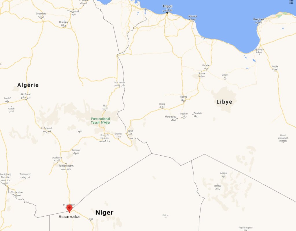 Assamaka est située à environ 15km de la frontière avec l'Algérie. Crédit : Google maps