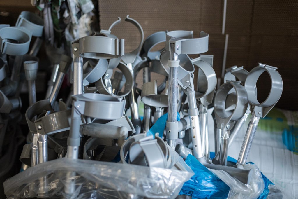 Donated crutches seen in a warehouse of Latvian NGO Tavi Draugi in Riga, Latvia | Photo: Martin Thaulow