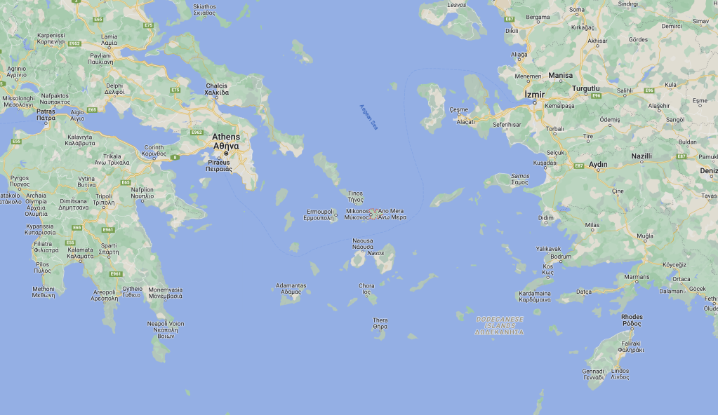 Map of the Agean Sea with the island of Mykonos in the center | Credit: Google Maps