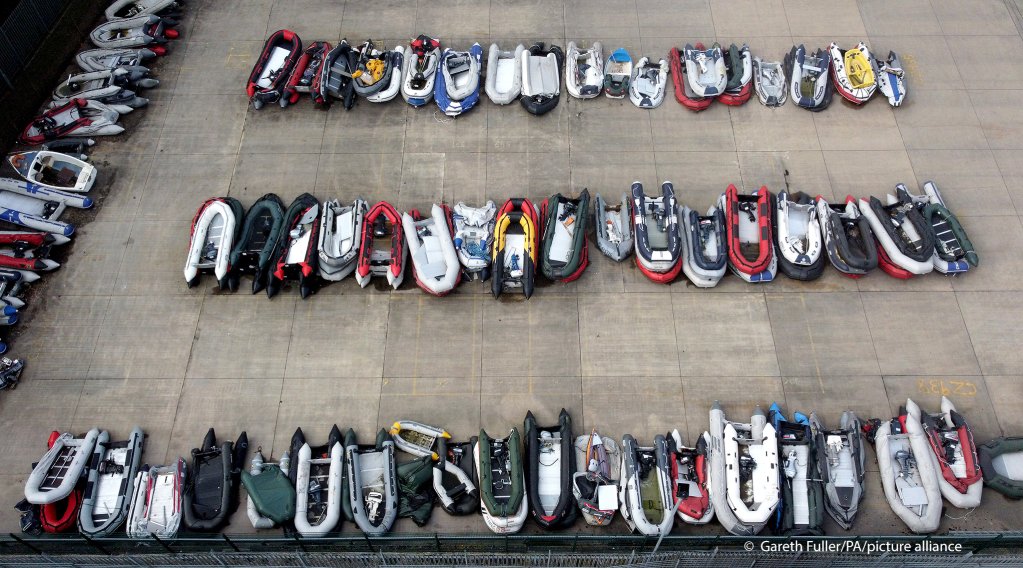 Boats used by people thought to be migrants are stored at a warehouse facility in Dover, Kent, after being intercepted in the Channel by Border Force as attempts to make the crossing continue. April 20, 2021 | Photo: Gareth Fuller/picture alliance