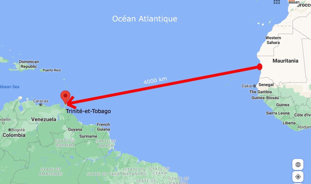 The boat which is thought to have left Mauritania for the Canary Islands was found 4,000 kilometers south west across the other side of the Atlantic in Trinidad and Tobago | Source: Google Maps