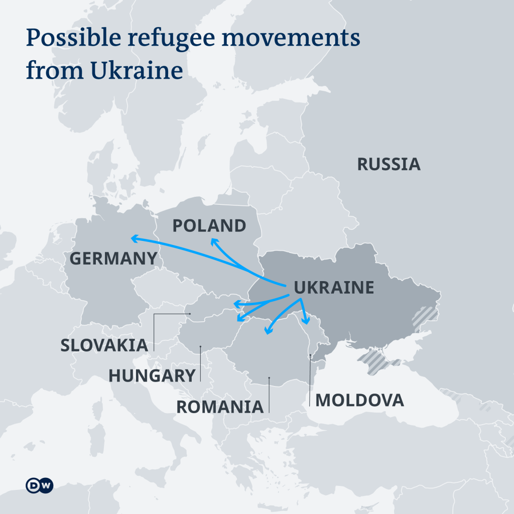 Possible refugee movements from Ukraine, February 2022 | Credit: DW
