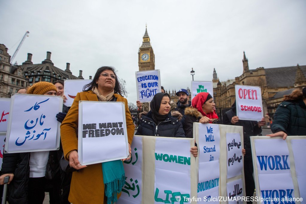 From file: In January 2023, some Afghans living in the UK protested outside the British parliament about the lack of freedom to live and work under theTaliban | Photo. Tayfun Salci/ZUMA Press Wire/picture alliance
