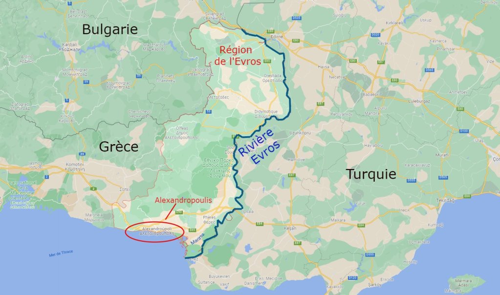 Alexandropoulis est le chef-lieu de la région de l'Evros, frontalière avec la Turquie. Crédit : Google maps