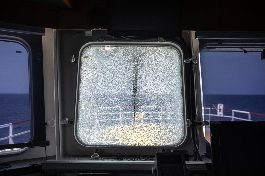 A destroyed window of the ship after the attack by the Libyan coast guard | 
Credit: SOS Mediterranée