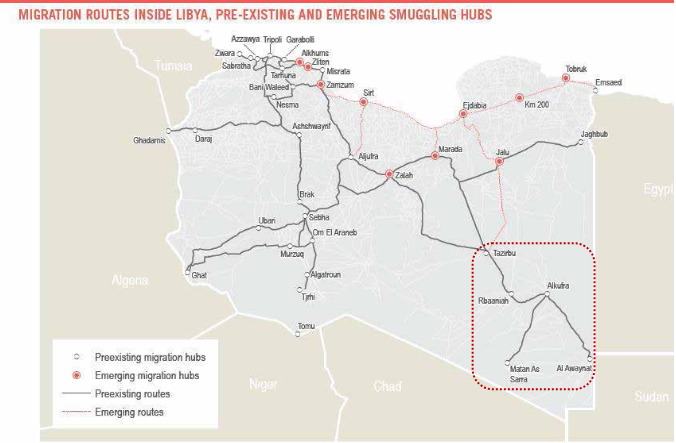 From file: A UN map of pre-existing and emerging migration routes inside Libya from 2018. At that time the town of Al Kufra was in focus as an emerging smuggling hub | Source: UN habitat report on Al Kufra from 2018