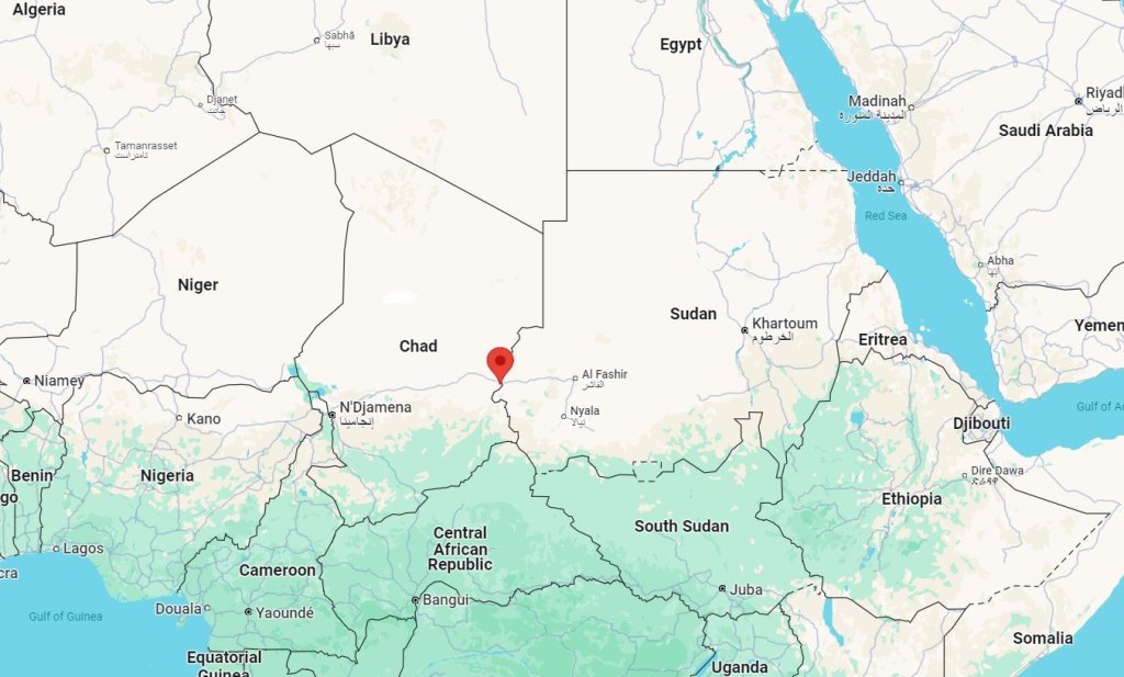 The Chadian border town of Adre (red marker) | Source: Google Maps