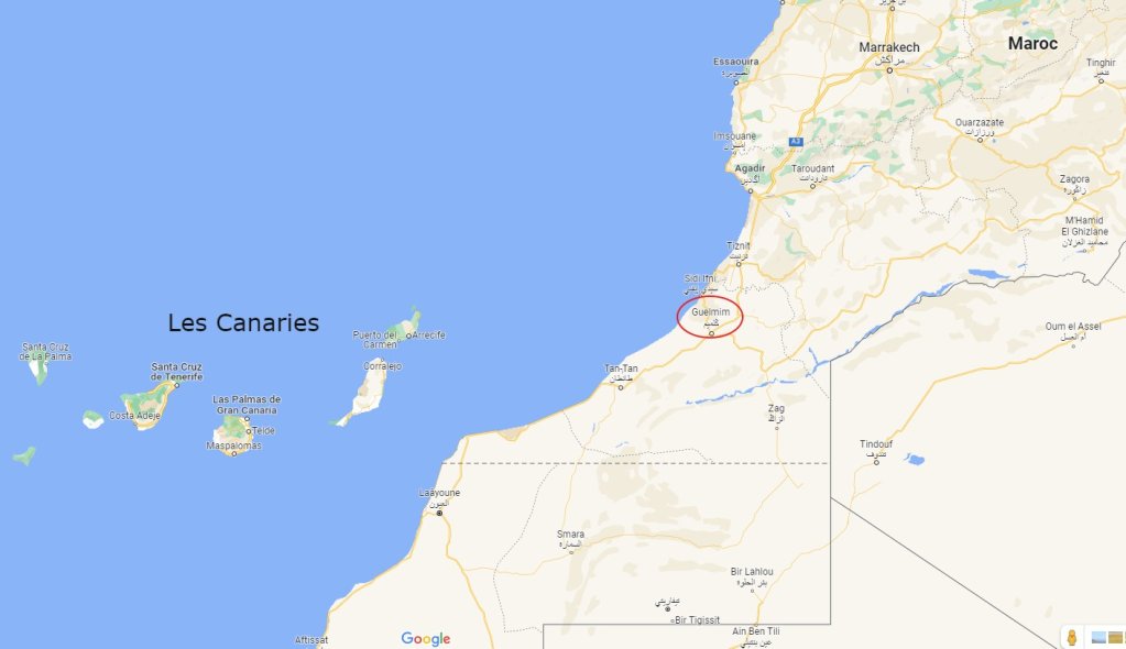 Le naufrage a eu lieu au large de la ville marocaine de Guelmin. Crédit : Google maps