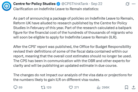 A screenshot of the CPS' post on X on September 22 explaining why they have withdrawn their figures, for now | Source: Screenshot from X @CPSThinkTank