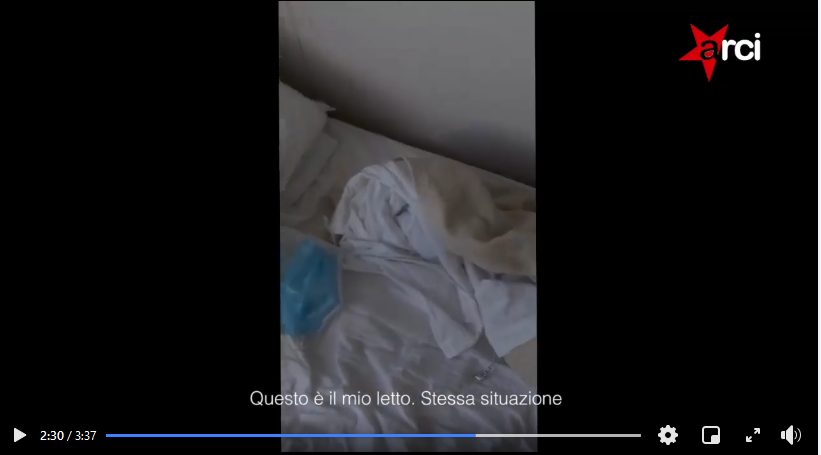 A screenshot of the unmade bed of the asylum seeker who shot a video to denounce his situation on board the quarantine ship Rhapsody | Source: Screenshot from ARCI Facebook video