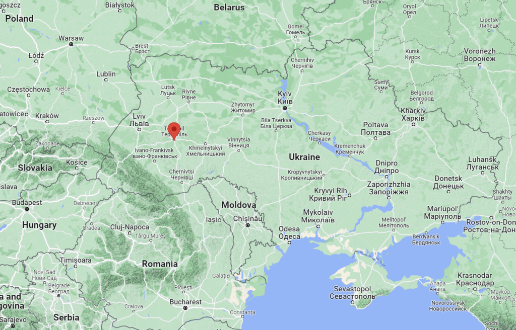 Map of Ukraine with the western university city of Ternopil, located some 180 kilometers east of the Polish border | Source: Google Maps